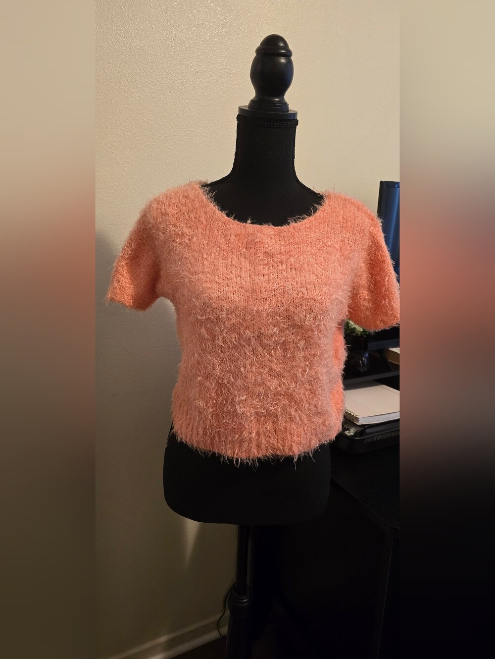 Charlotte Russe Fuzzy Peach Short-Sleeve Crew Sweater